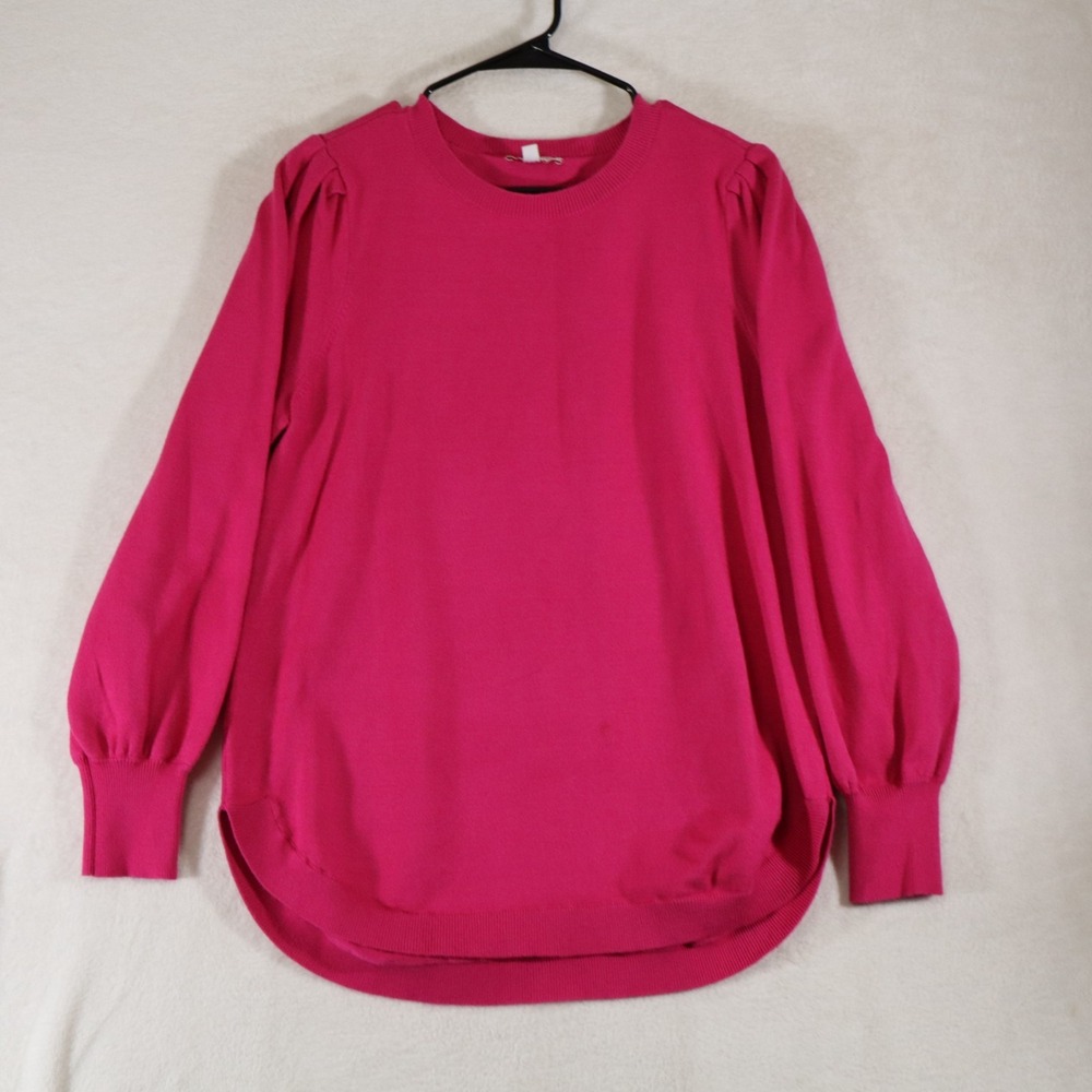 crown & ivy Women's L Pink Puff Shoulder Sweater Curved Hem Knit Pullover